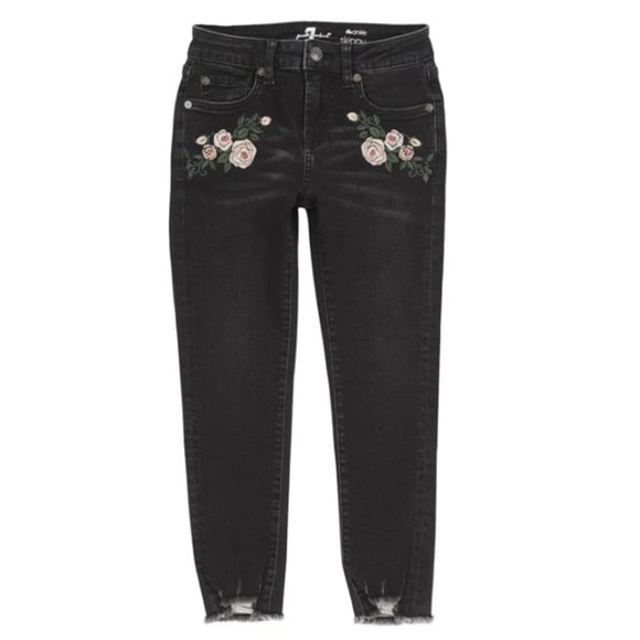 NWT 7 For All Mankind The Ankle Skinny Jeans Embroidered Chewed Hem Vintage Noir - Picture 1 of 7